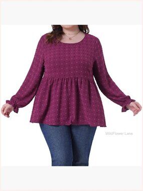 Plus Size Babydoll Top Long Sleeve Swiss Dots Blouse